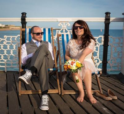 love, marriage, wedding, wedding day, Brighton Pier, Brighton beach, seaside, deckchair, minimalist wedding, frugal wedding